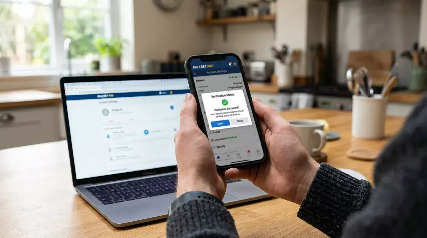 Smartphone showing a betting app next to a verification letter on a kitchen table