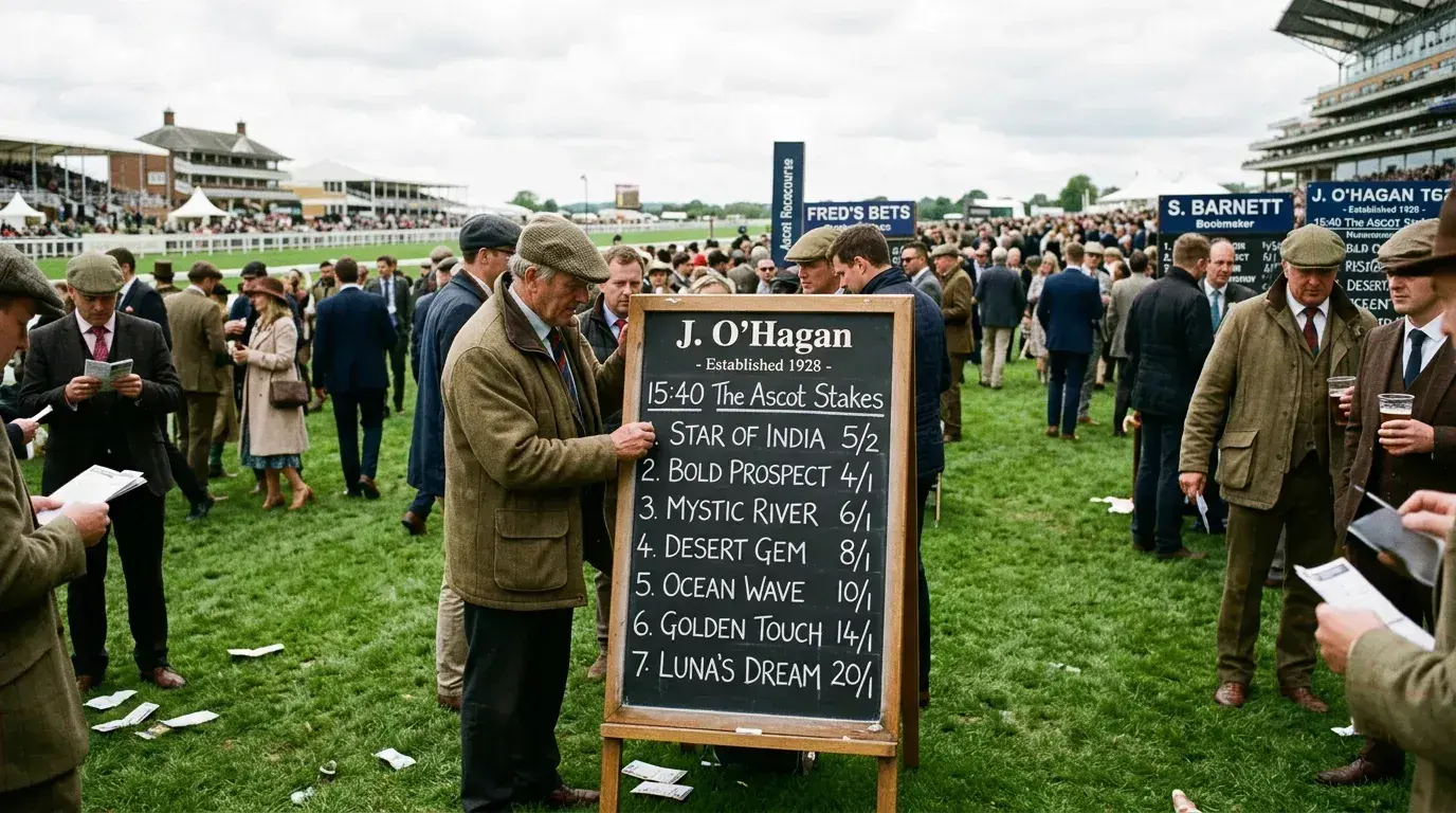 On-course bookmaker boards displaying horse racing odds at a British racecourse betting ring