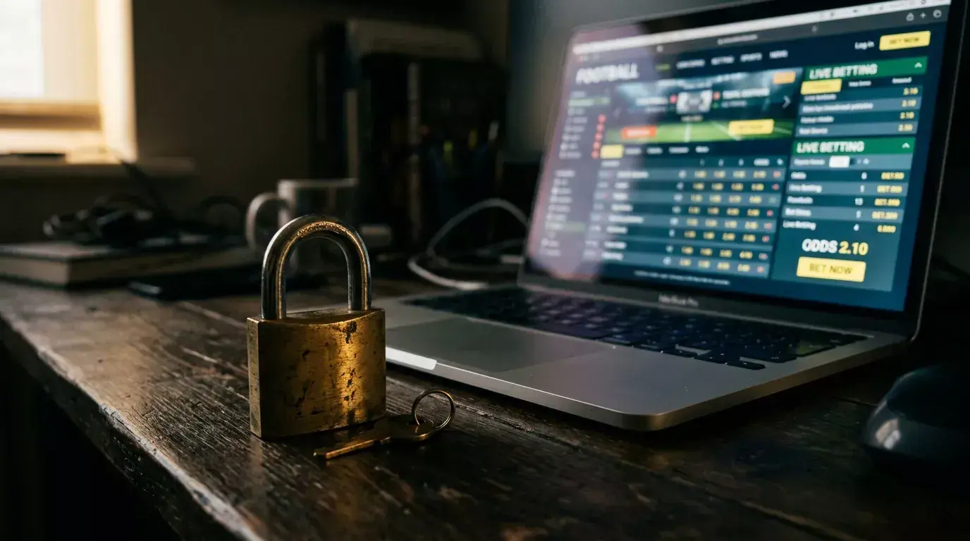 Locked padlock next to a laptop screen displaying a betting interface