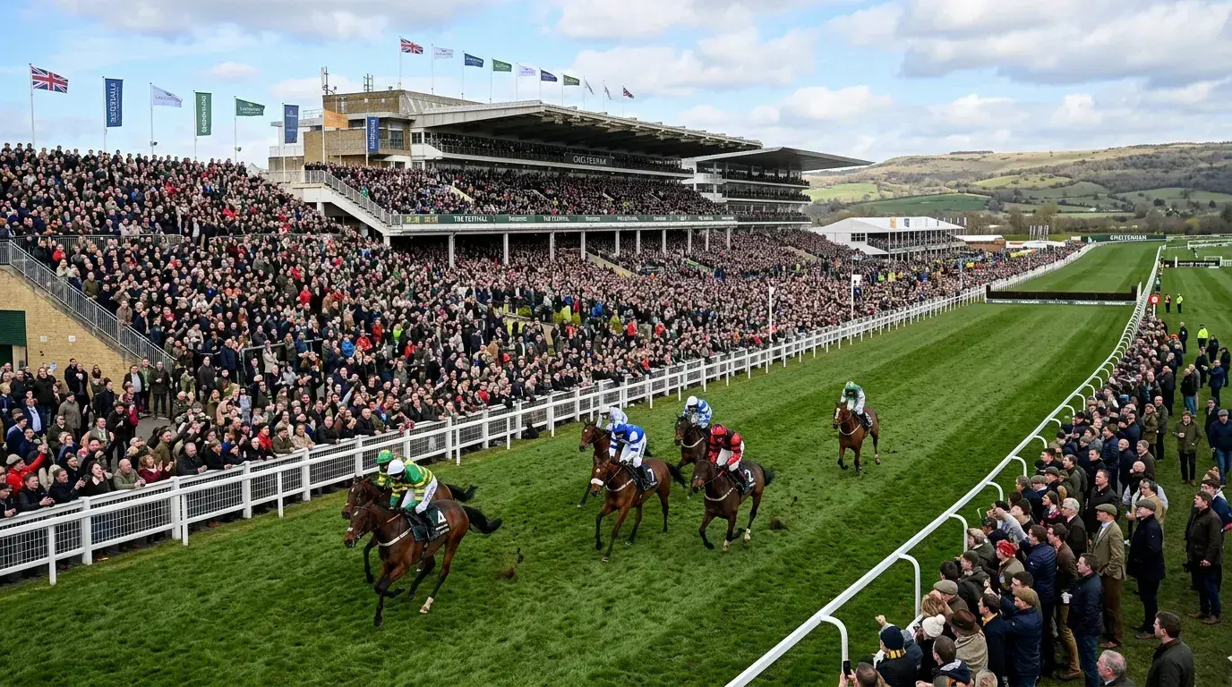 Cheltenham Festival racecourse packed with spectators during a feature race