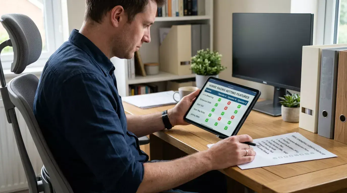 A person comparing horse racing betting features on a tablet with a printed UKGC licence checklist beside it on a desk