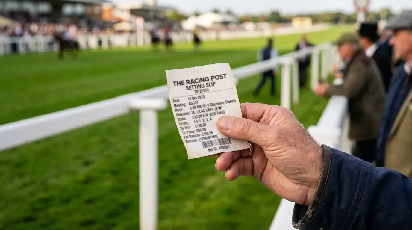 Punter holding an each-way betting slip at a British racecourse with turf track in background