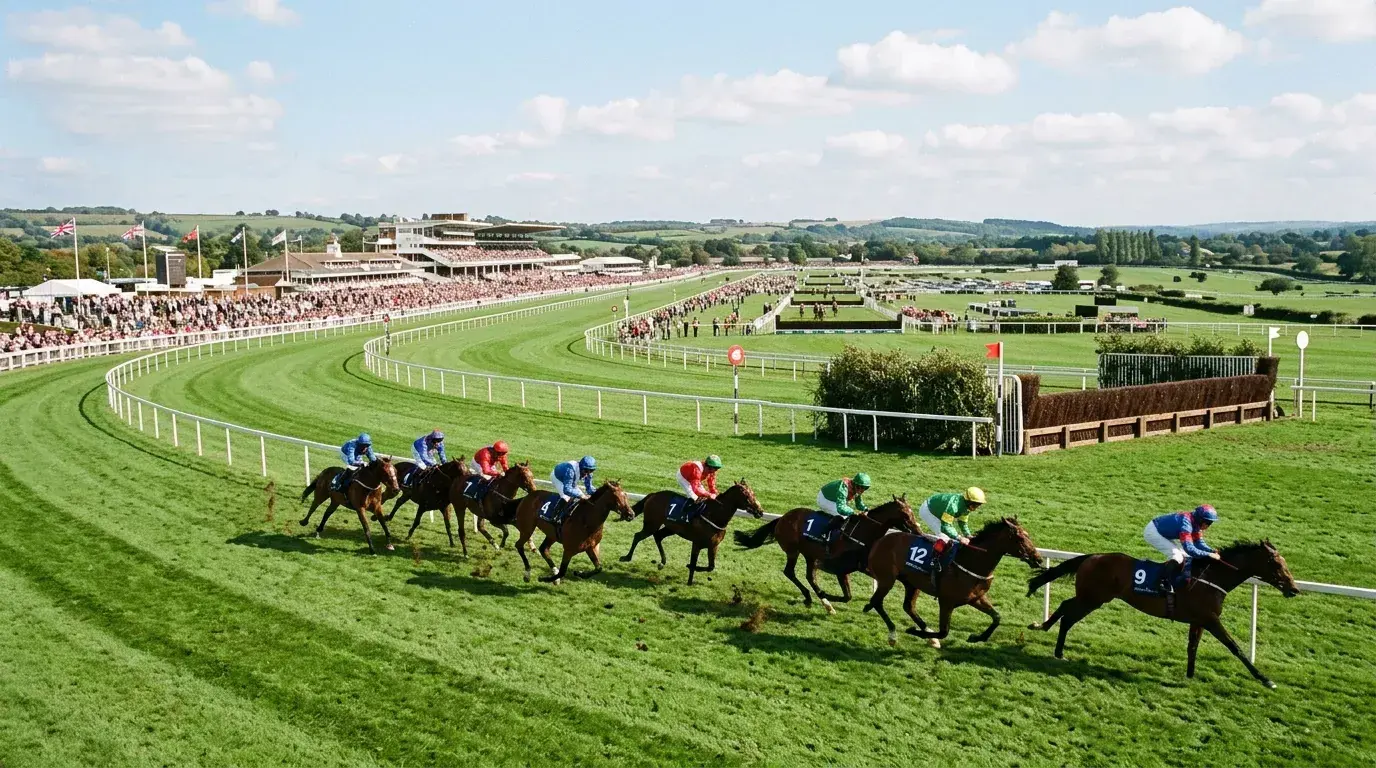 Horses racing on a flat turf course alongside a steeplechase fence at a British racecourse