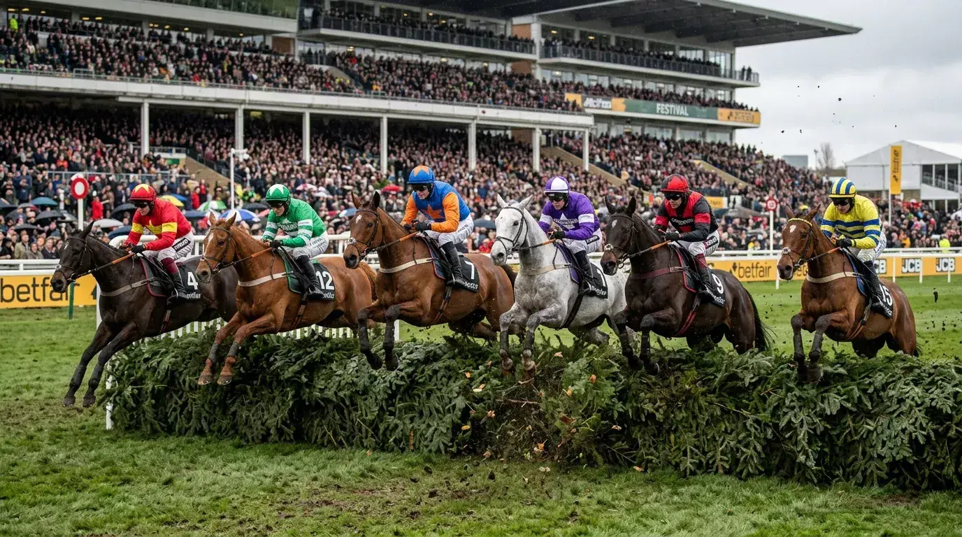 Horses and jockeys jumping a large steeplechase fence during a National Hunt race at a packed UK racecourse