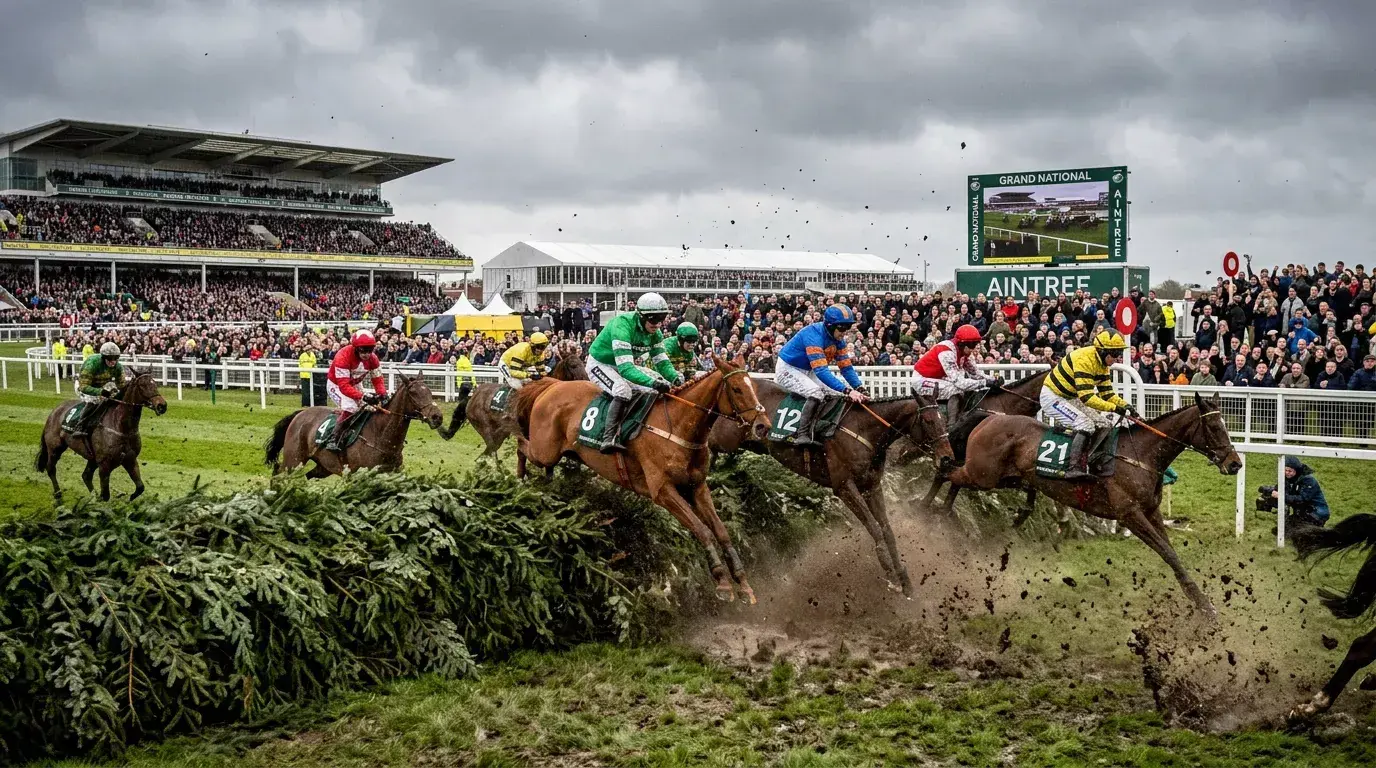 Grand National at Aintree with field jumping fences and massive crowd