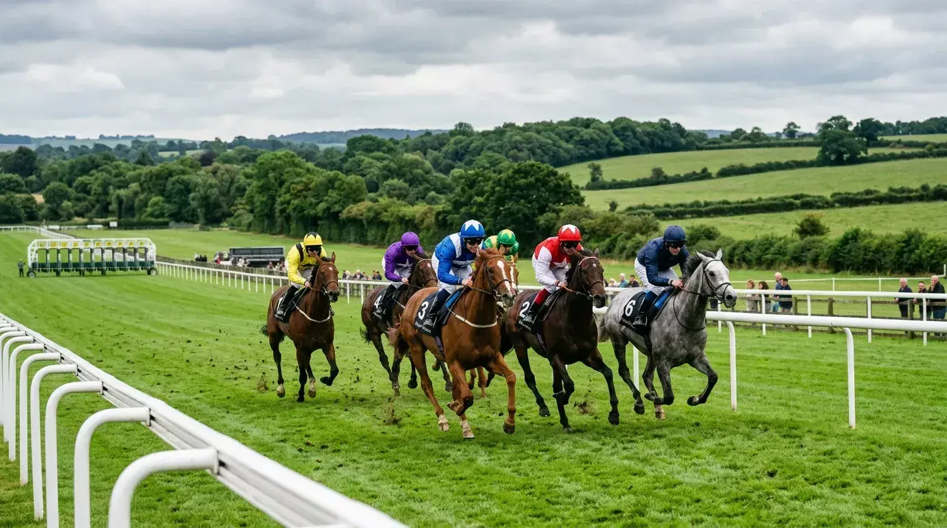 Small field of horses racing on a UK turf track with empty stalls visible
