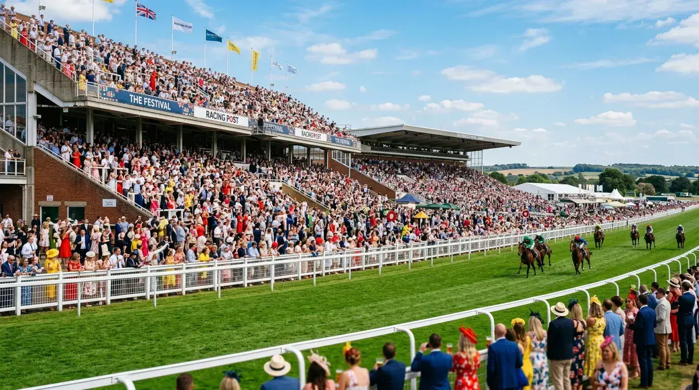 Crowded UK racecourse grandstand on a sunny festival raceday