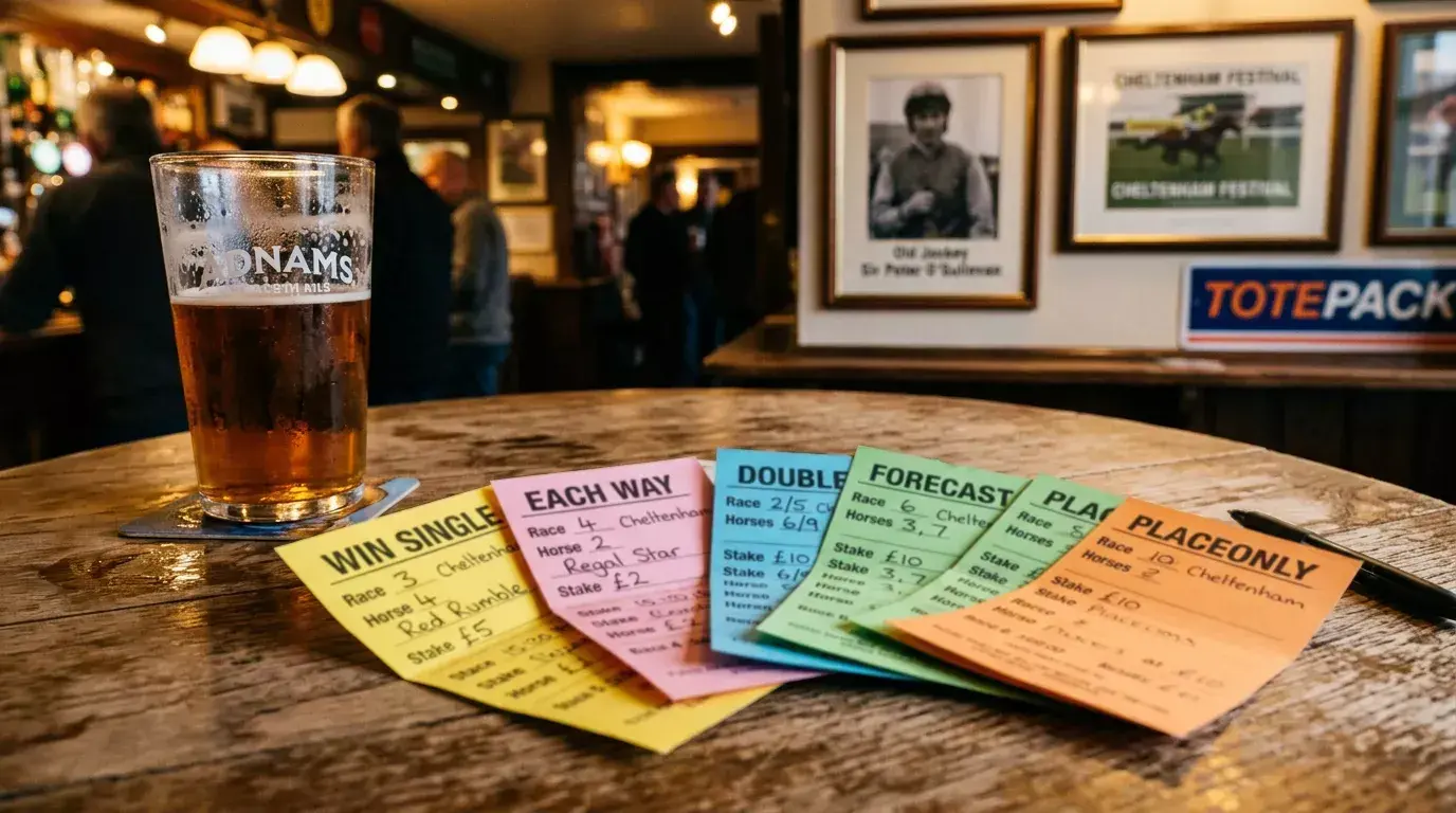Colourful horse racing betting slips fanned out on a pub table beside a pint glass