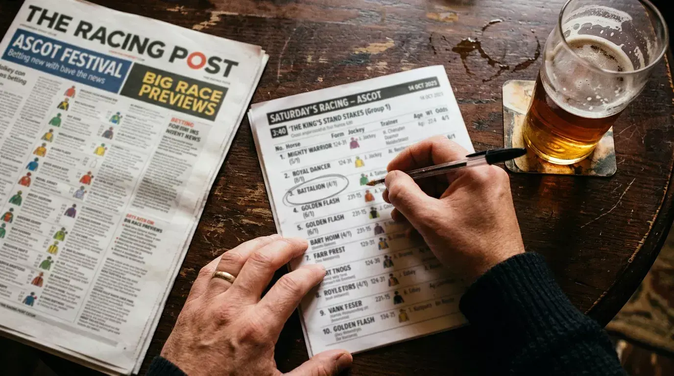 Close-up of a printed horse racing racecard with form figures and odds columns on a wooden table