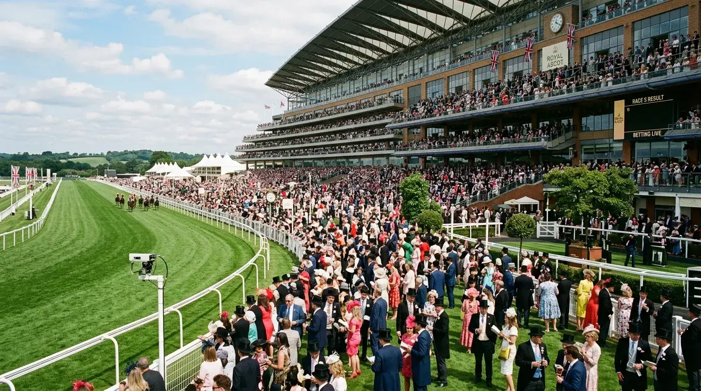 British racecourse grandstand with a full crowd on a race day