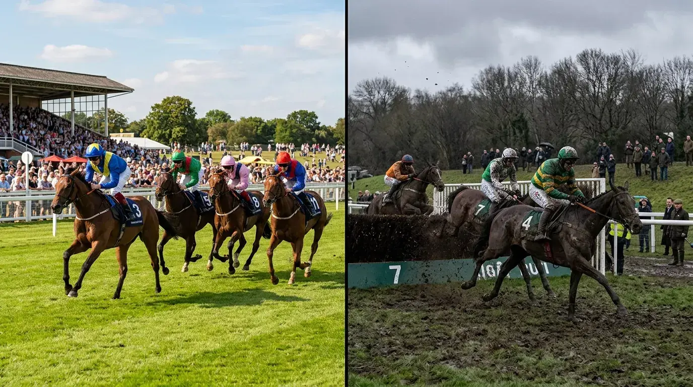 Split view of a sunny summer flat racing meeting and a muddy winter jumps race at UK courses