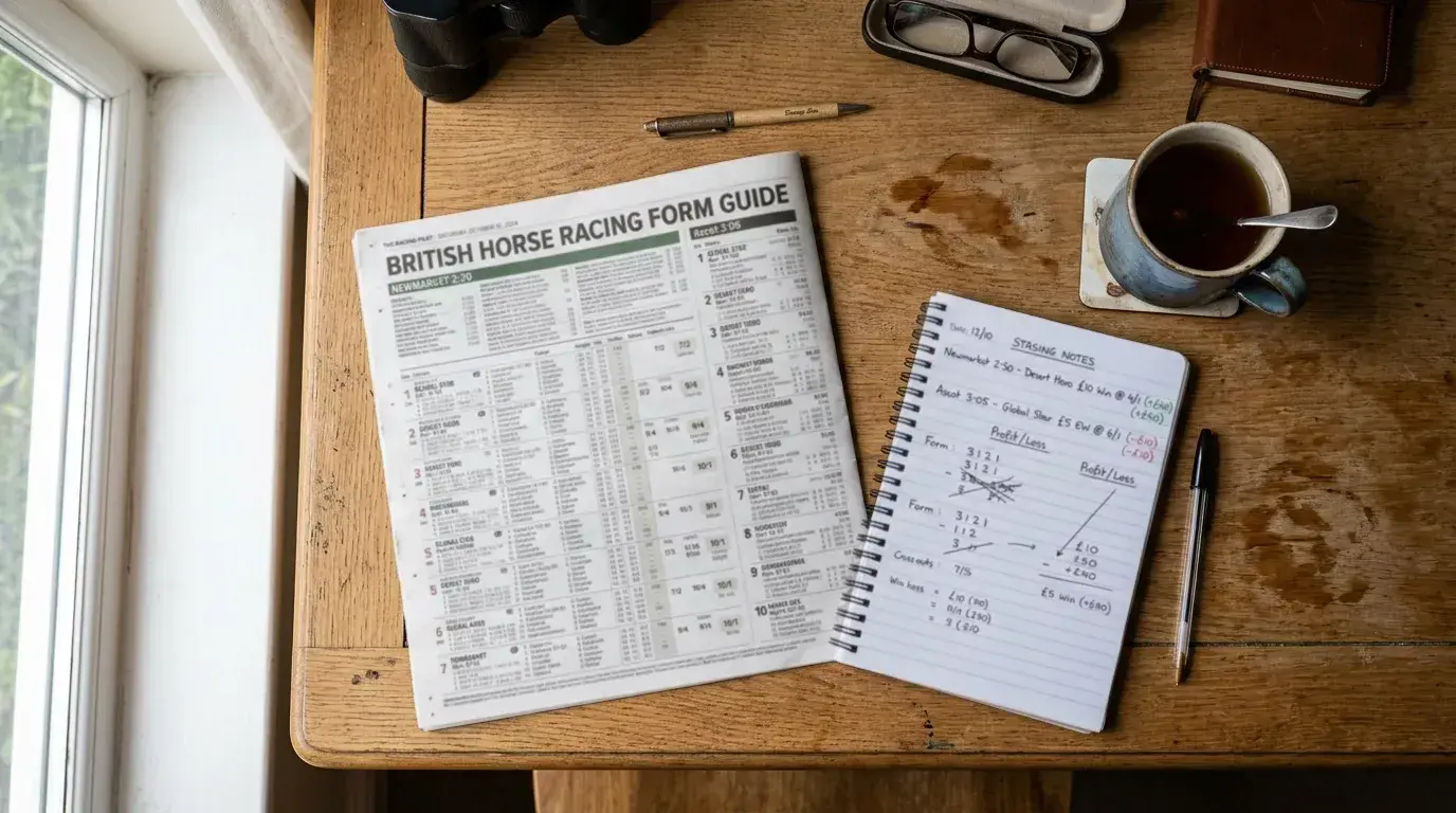 Horse racing form guide and staking notes on a desk for betting strategy analysis