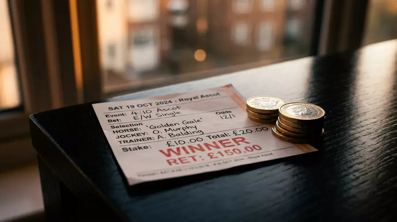 Close-up of a betting slip and pound coins on a wooden surface