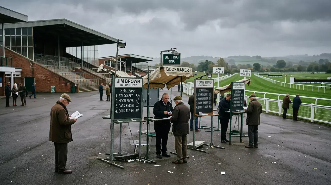 Empty betting ring at a quiet UK racecourse on a midweek afternoon