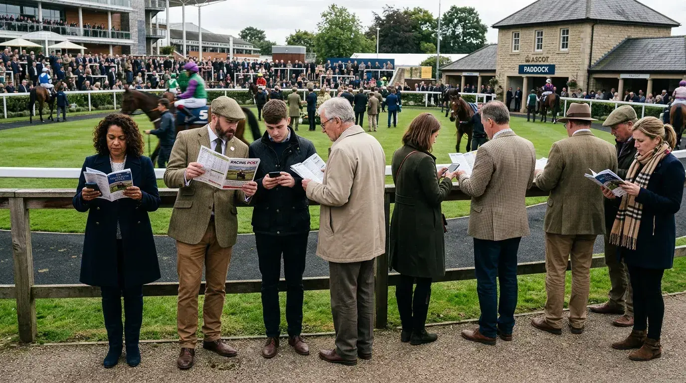 Diverse group of racegoers studying racecards at a UK racecourse