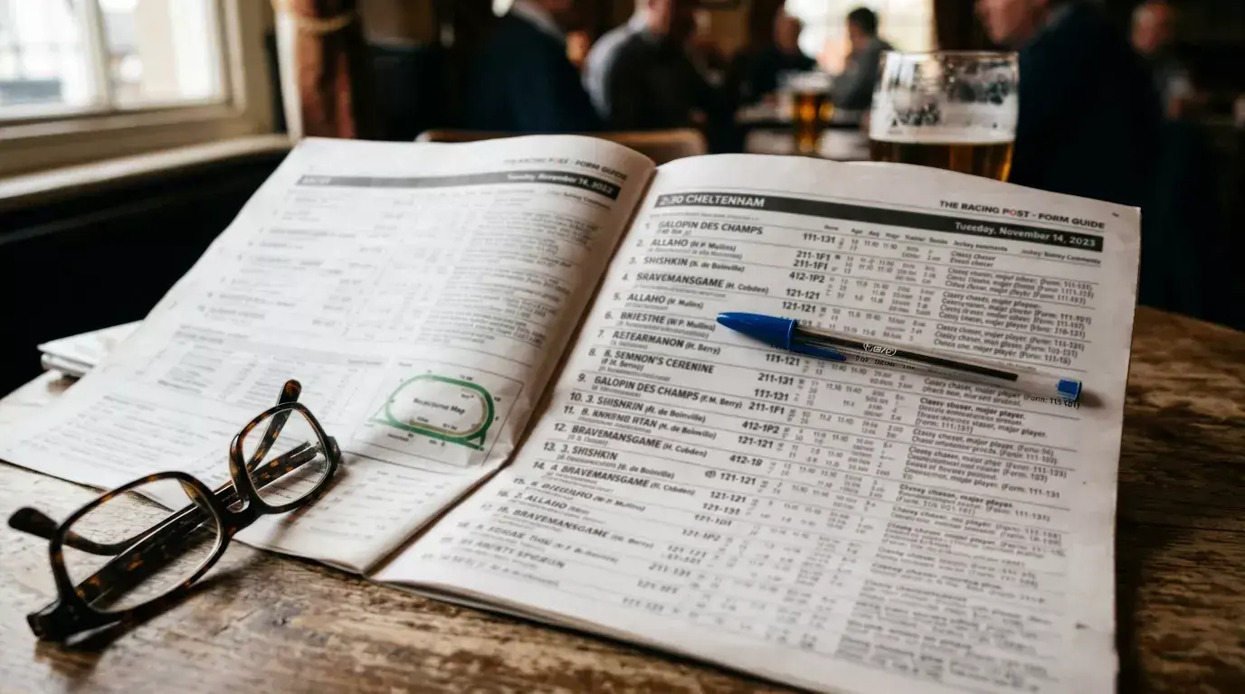 Horse racing form guide page with figures and symbols highlighted