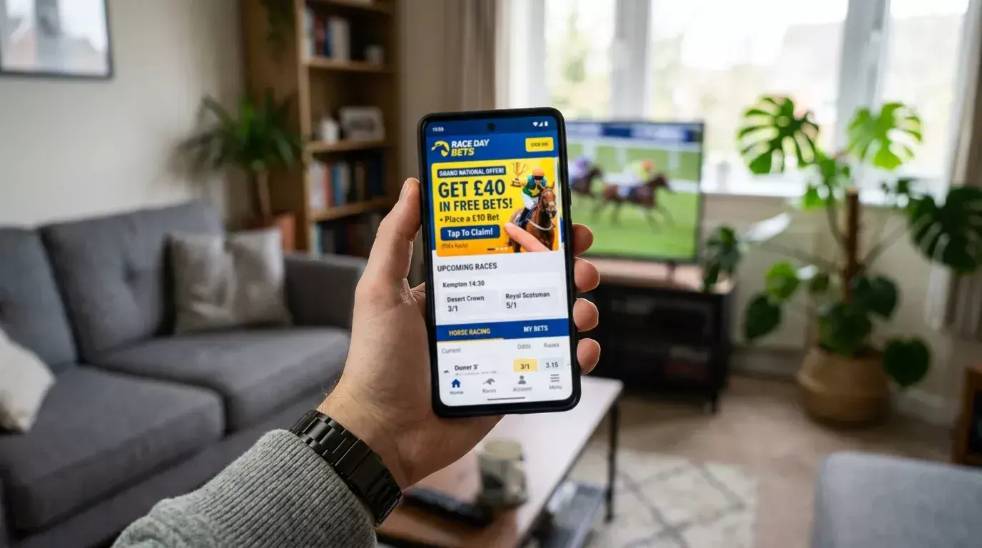 Mobile phone displaying a horse racing betting app welcome offer screen
