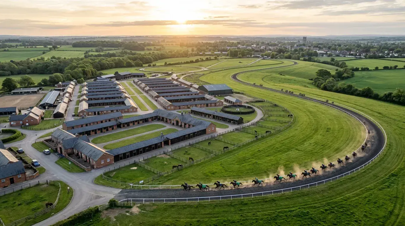 Aerial view of a UK horse racing training yard with horses and stable buildings