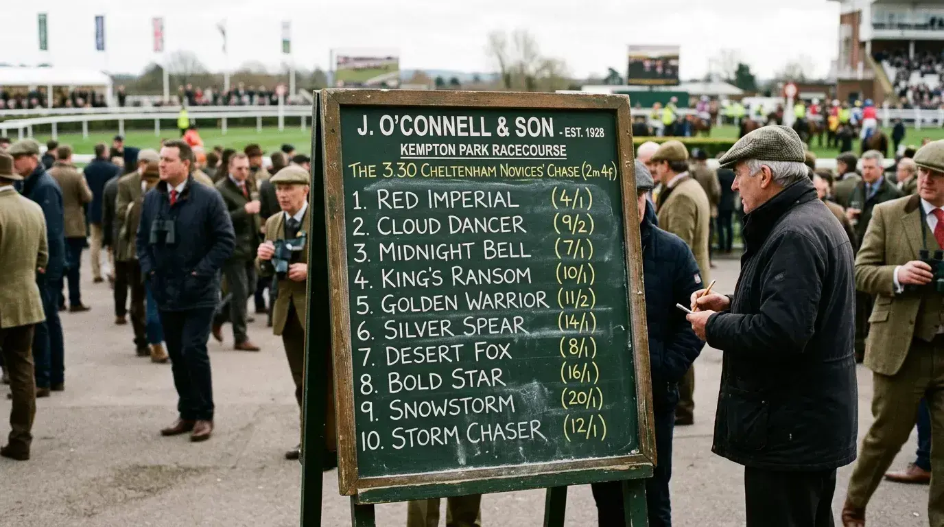 Bookmaker odds board at a British racecourse showing fractional prices