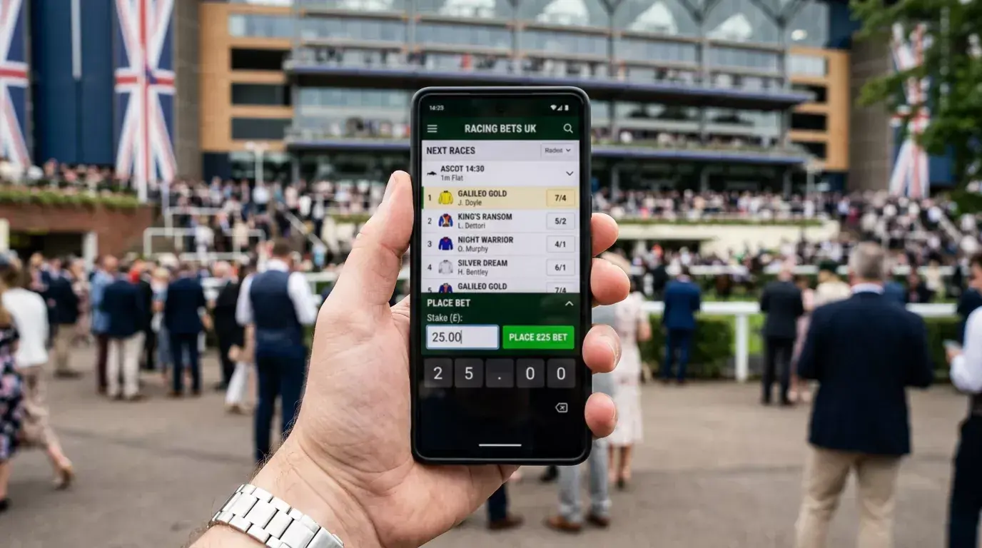 Person holding a smartphone showing a horse racing betting app with stake input field