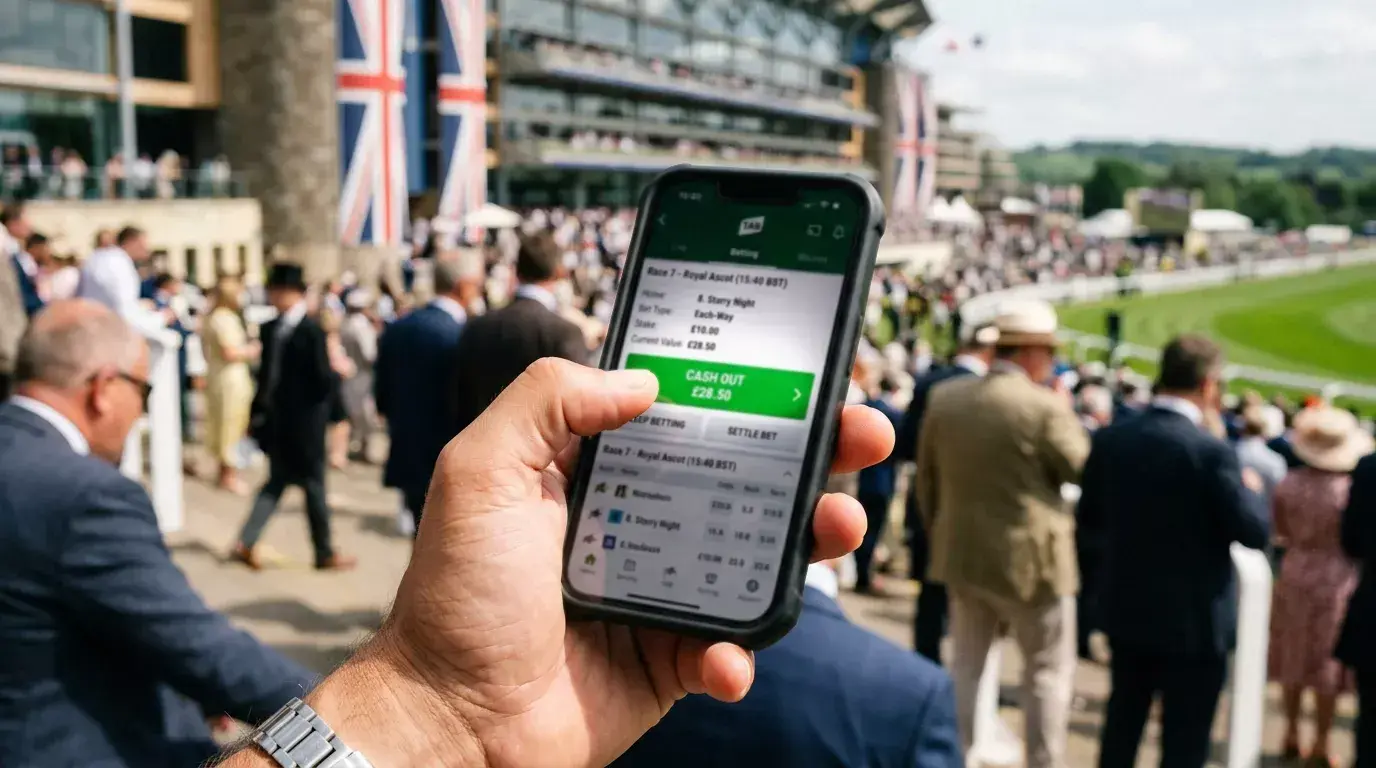 Mobile phone screen showing a cash out button on a live horse racing bet