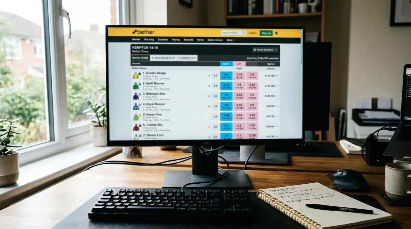Exchange betting interface showing back and lay prices for horse racing