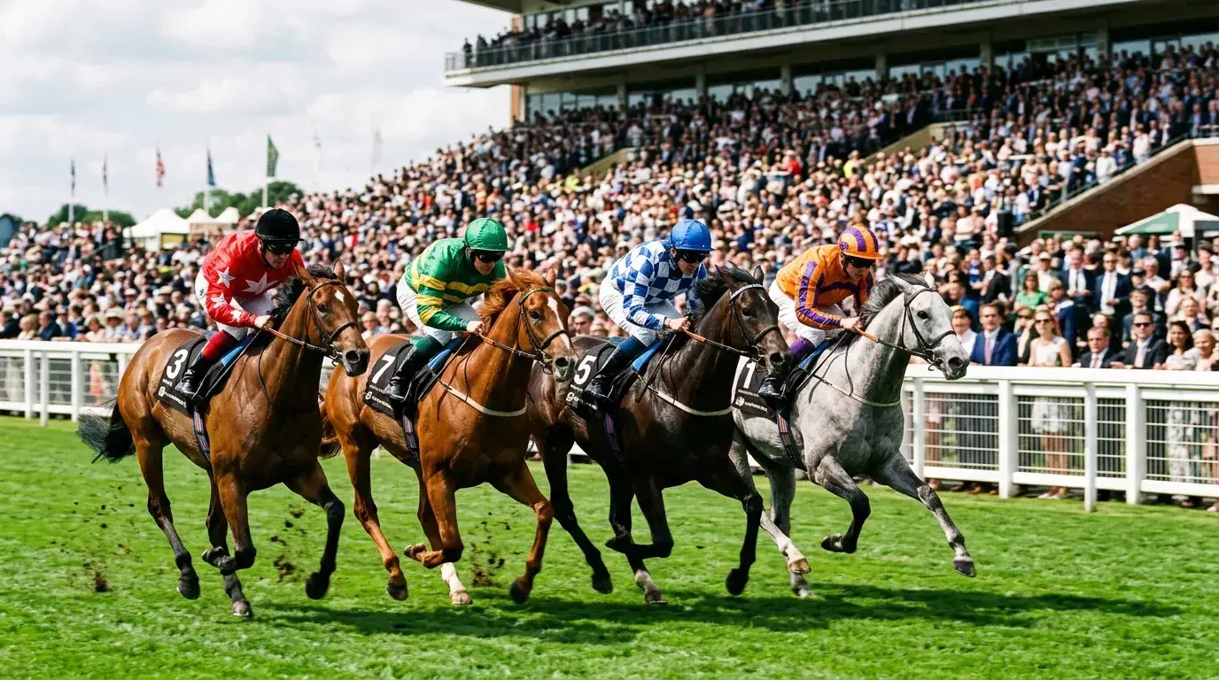 Four racehorses with different coloured jockey silks racing side by side on a UK turf track