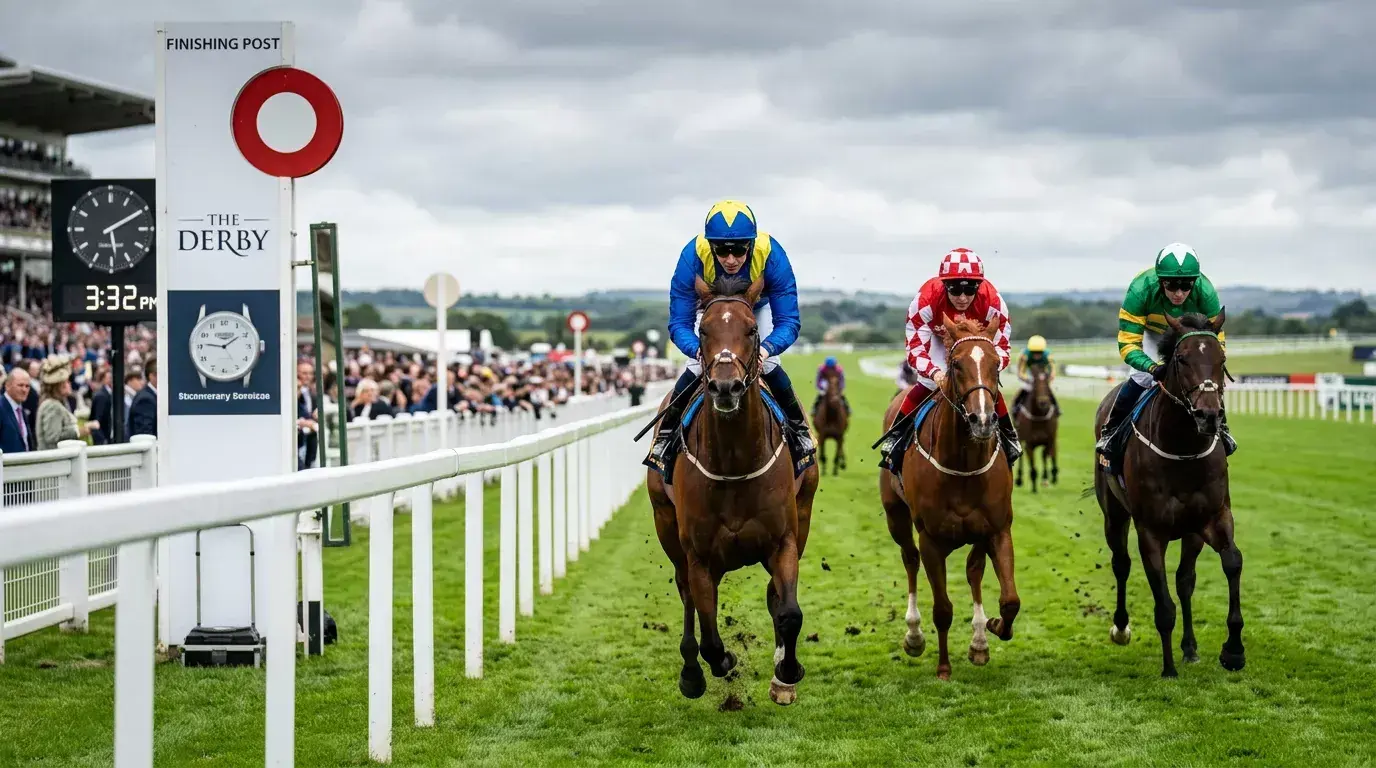 Close-up of a UK racecourse finishing post with horses racing towards the line in a large-field handicap
