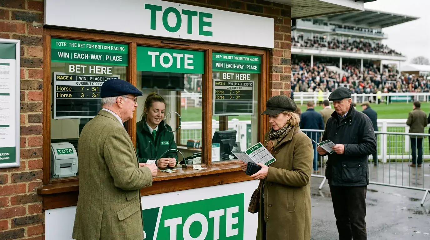Tote betting window at a British racecourse with racegoers queuing
