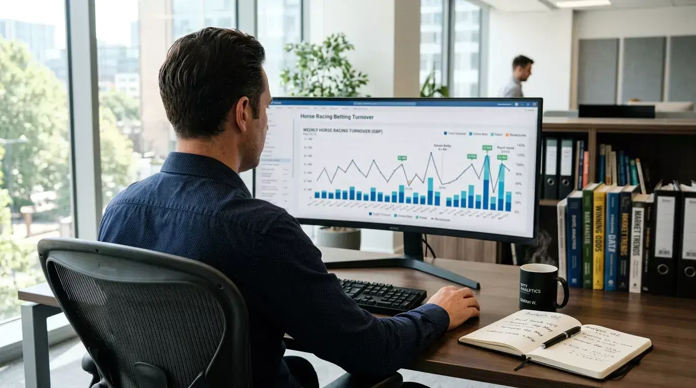 A professional analyst reviewing horse racing betting turnover charts on a desktop screen in a modern office