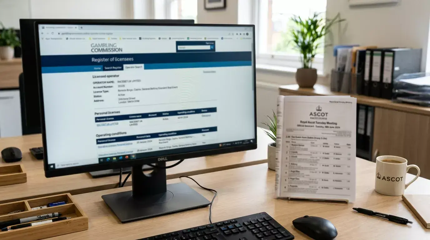 UK Gambling Commission logo displayed on a screen next to a horse racing racecard