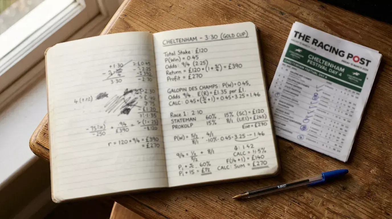 Notebook with handwritten racing form calculations next to a racecard